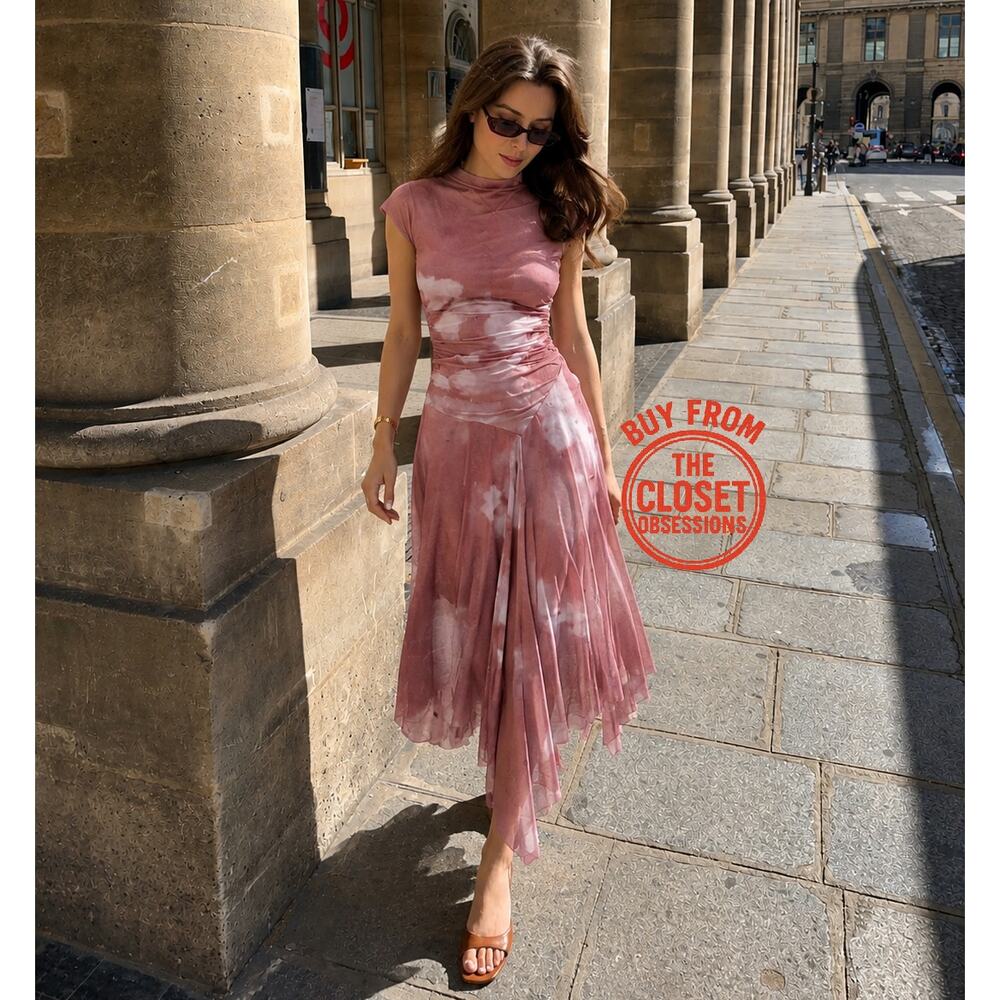 Zara NWT Pink Ruched Tulle Asymmetrical Midi Dress M - Picture 15 of 16